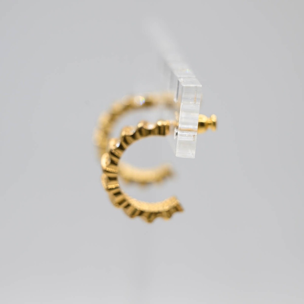 Hoop Earrings Gold Rhinestone Ribbed C-Hoop - Picture 2 of 5